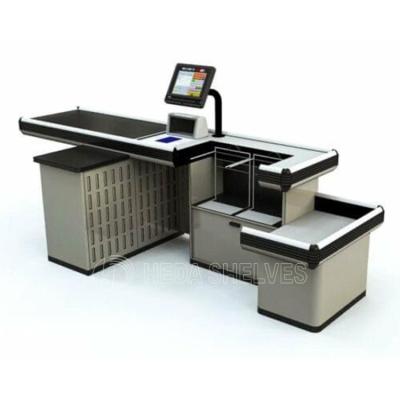 China Modern Grocery Store Style Store Equipment Supermarket Simple Steel Wooden Cashier Table Checkout Counter for sale