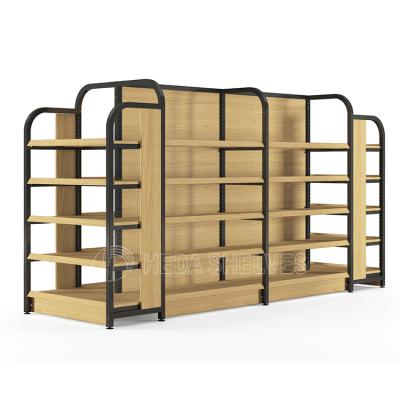 China Single Sided Wooden Shelf Supermarket Metal Shelving Powder coating for sale