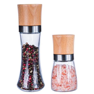 China 160ml 180ml Clear Spice Mill Spice Bottle Viable Glass Oak Wooden Salt and Pepper Grinder for sale