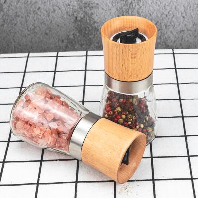 China Viable BBQ Spice Jar Wooden Salt And Pepper Set Seasoning Glass Grinder With Wooden Grinding Cap for sale