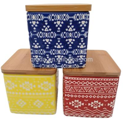 China Modern Design Sustainable Ceramic Coffee Tea Sugar Food Canister Storage With Airtight Seal Bamboo Lid for sale