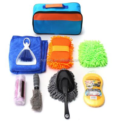 China Car Wash 9pcs Car Wash Tools Kit Interior Exterior Cleaning Sponge Car Wash Sweep Towel Bag for sale