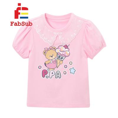 China High Quality Breathable Cotton Short Sleeve Shirt With White Lace For Girl Printing Summer Ruffled Collar Kids Shirt Breath Sleeve for sale