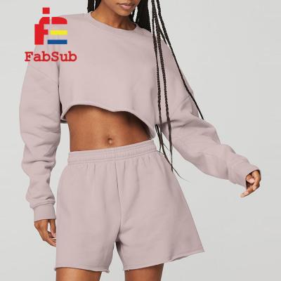 China Breathable High Quality Printable Crop Top Sweater Shorts Womens Long Sleeve Casual Crop Top Sweatshirt Set For Custom Printing for sale