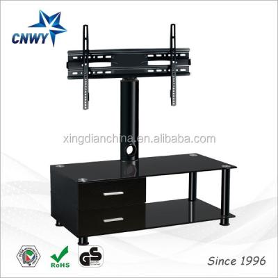 China Glass-Metal Black Glass Entertainment TV Rack With Center Mount Storage Cabinet Glass Top Table for sale