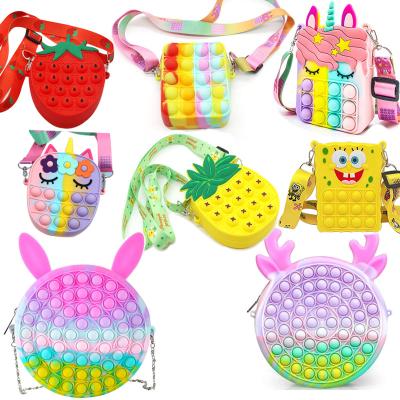 China Kids Gift Mini Rainbow Strawberry Zipper Pop Purses Mini School Busty Person Child Coin Silicone Shoulder Unicorn Pop Bag for sale