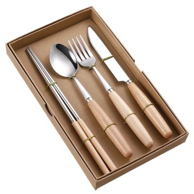 China Hot Selling Viable Amazon Kitchen Travel Accessories Picnic Viable Multifunctional Portable Chopsticks Fork Handle Wooden Cutlery Set for sale