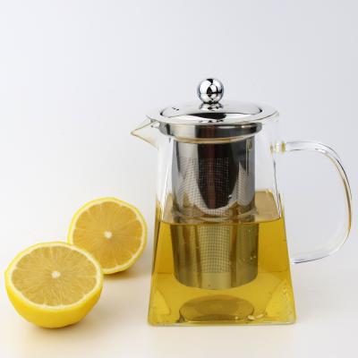 China Classic Sustainable Bottom Heat Resistant Teapot Square Coffee And Clear Glass Teapot With Stainless Steel Infuser for sale