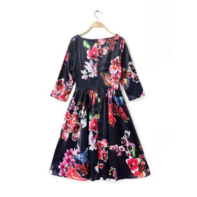 China Viable Black Chinese Korean Women Floral Printing Half Sleeve Manufacturers Clothing Satin Casual Dresses for sale