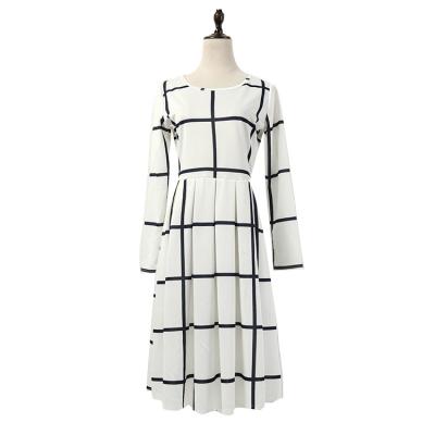 China Factory Price Women Midi Clothes Sustainable Long Sleeve Design White Classy Plaid Pleated Elegant Dress for sale