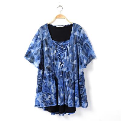 China Cheap Viable Blue Short Blouse Female Ruffle Sleeve T-Shirt Prices iiregular Striped Print Women Lace Up Top Ladies Summer 2021 for sale