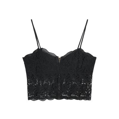 China Anti-pilling 2022 latest spaghetti tie sleeveless camisole women's embroidery lace apparel crop top for sale