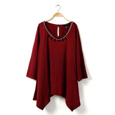 China OEM Cavity Polyester Sustainable Custom Red Blouse Knit Plain Fabric Loose Irregular Top With Collar for sale