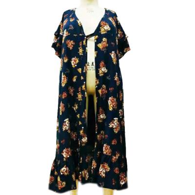 China High Quality Breathable Plus Size V Neck Boho Print Ruffle Sleeve Tie Up Floor Length Long Floral Wrap Dress Chiffon for sale