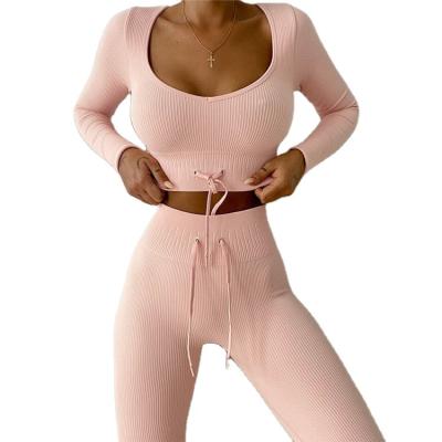 China Breathable Seamless 2 Piece Crop Knitted High Waist Workout Teams Sweatsuit Yoga Leggings Sets For Women for sale