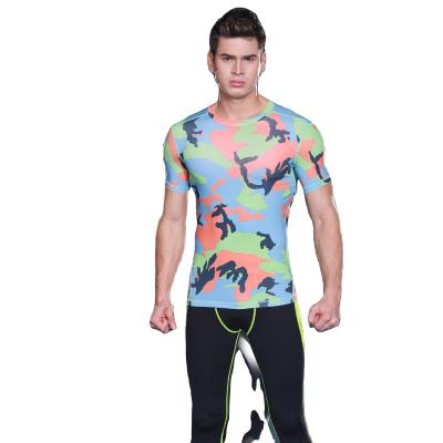 China Breathable 2 Pieces Printed Active Sporty Patchwork T Shirts With Short Sleeve And Bodybuilding Gym Shorts For Man for sale