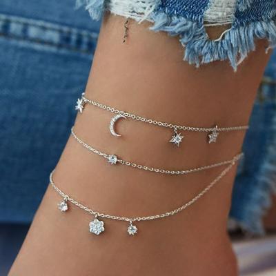 China VKME High Quality Fashion Moon Star Charm Dangle Anklets For Women Shiny Crystal Anklet Wholesale Birthday Jewelry Gift Anklets for sale