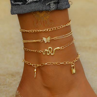 China VKME high quality fashion gold multi layer snake chain anklets for women butterfly anklet chain leg chain anklets strand foot jewelry for sale