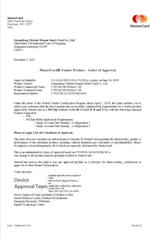 MasterCard Vendor Product – Letter of Approval - Chutian Dragon Co., Ltd.,