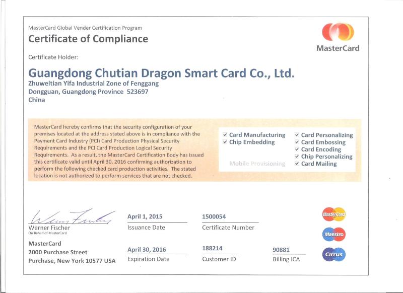 Mastercard Global Vender Certification Program Certificate of Compliance - Chutian Dragon Co., Ltd.,