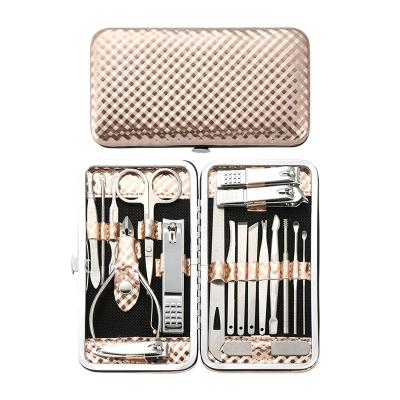 China Attractive shiny gold box 19 Pcs beauty products professional wholesale kit tools file toe clipper set nail tech supplies for sale