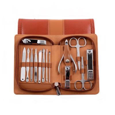 China Elegant brown PU bag Other beauty & personal care products 14pcs tools manicure set nail clippers pedicure kit in brown PU leather bag for sale