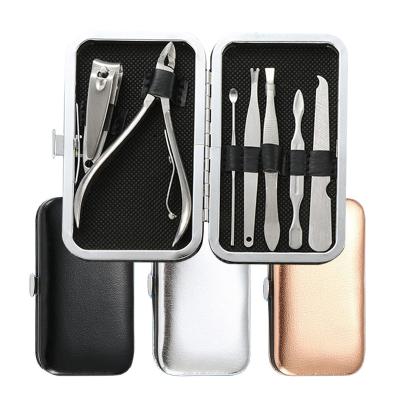 China Attractive small shiny case Custom logo 7pcs cuticle nipper nail clippers files small manicure set in shiny gold black silver case for sale