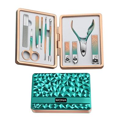 China Shiny green aluminum box Aluminum gift box packaging 10 pcs green de tool nail kit professional manicure pedicure set for women for sale