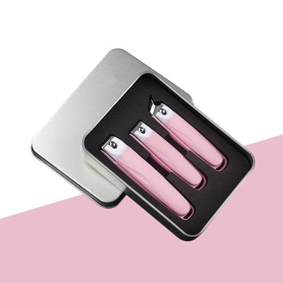 China Beautiful bright color Aluminum gift box 3pcs plastic green pink kit set cuticle manicure pedicure nail clippers with catcher for sale