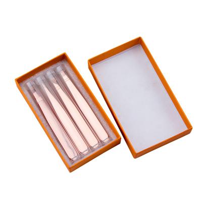 China Beautiful gold-plating Plastic tube box packaging custom logo stainless steel 4pcs set eyebrow lash eyelash tweezers for extension for sale