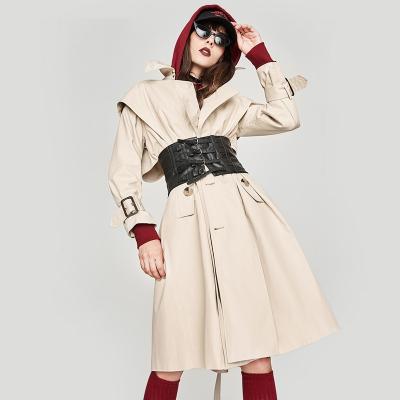 China Breathable Formal Office Ladies Long Sleeves Cotton Twill Big Edge Flare Double Breasted Khaki Ditch Coats for sale