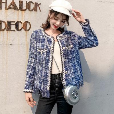 China High Quality Office Viable Ladies Crew Neck Long Sleeves Patch Pocket Tweed Shorts Coat for sale