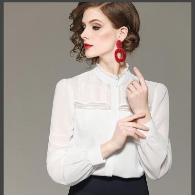 China Stand Collar Breathable Warm Style Long Sleeve Hollow Out Lace Up Chiffon Office Ladies White Blouses for sale