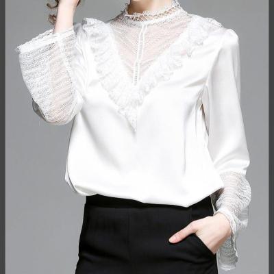 China Autumn Hot Sale Hollow Out Lace Flare Sleeve Lace Support Collar OL Fashion OL Satin Blouse Anti-pilling for sale