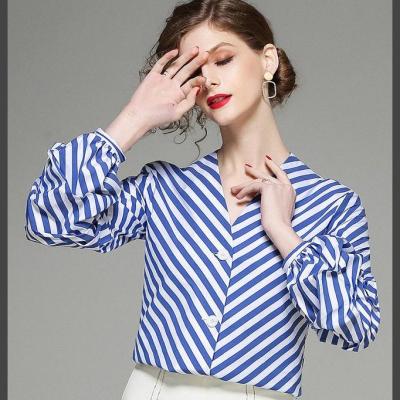 China Ladies V-Neck Office Anti-Pilling Long Lantern Sleeves Blue Striped Shirt Formal Blouses for sale