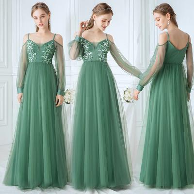 China Fashion Hot Sale Ladies Anti-wrinkle Long Sleeves Off The Shoulder Flower Applique Sequin Floor Length Green Weed Dress for sale