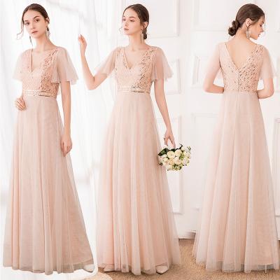 China Anti-wrinkle Soild Champagne Color Plus Size S-4XL Fashion Ladies Sequin Embroidery Tulle Floor Length Wedding Dress for sale