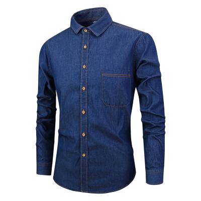 China Dongguan clothing men's long sleeves anti-pilling patch pocket blue denim shirts newer factory design for sale