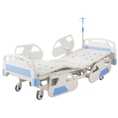 China Adjustable Electric Hospital Bed Three Functions Hospital Bed Full Medical Bed With PP Side Rails And Wheels for sale