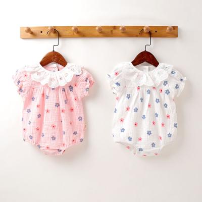 China Lovely summer korean baby rompers stitching lace printed floral baby romper clothes jumpsuit for sale