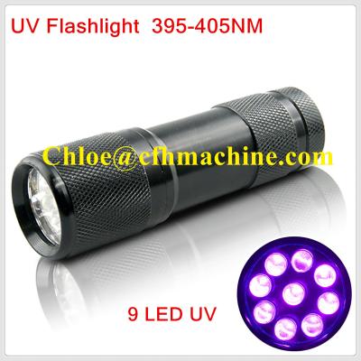 China Waterproof Black Color Aluminum Alloy  Dry Battery Powered 395NM 9 UV LED FLashlight/Torch for sale