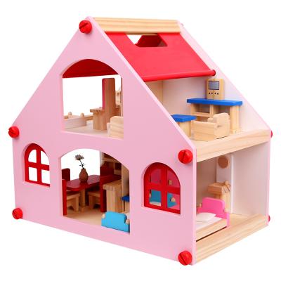 China Children Educational Simulation Wooden Villa Set Wooden Role Play Toys Doll House Toys For Girls Birthday Gift for sale