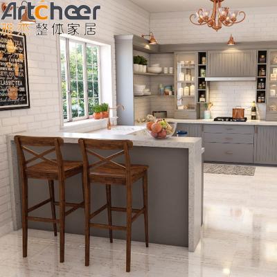 China Cream Color Modern Kitchen Cabinets with Plywood Carcase and Solid Surface Countertop for sale