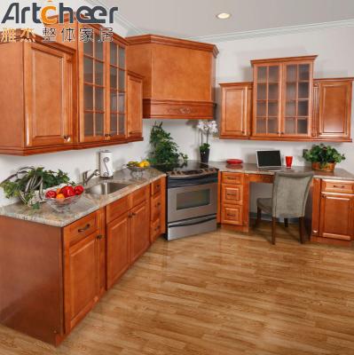 China Solid Wood Kitchen Cabinet with Wall Hang Cabinet and PVC Membrane Surface Treatment for sale