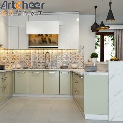 China Green Color Quartz Stone Top U Shape Kitchen Cabinet for Modern Stylish Kitchen Design for sale