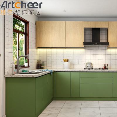 China Custom U Shape Kitchen Cabinet Green Color L Shape Base Cabinets Set With Marble Stone Top for sale