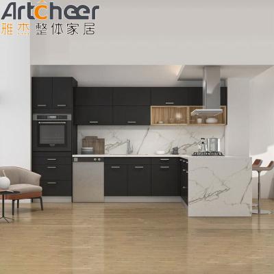 China Minimalistic Design Grey Solid Wood Kitchen Cabinets with Imported Quartz Stone Top for sale