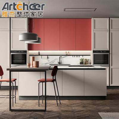 China CLASSIC Scandinavian Design Kitchen Cabinets with Pink ENF Panel and Small Island Table for sale