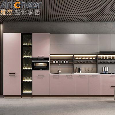 China Handless Door Soft Close L Shape Kitchen Cabinet With Solid Surface Countertop Modern Design à venda