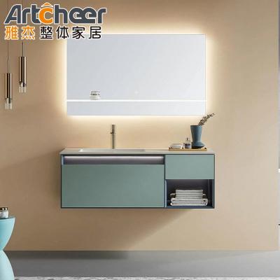 China Vloer gemonteerde rechthoekige rotsplaat bassin triplex vanity kast voor moderne badkamer Te koop